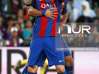 Luis Suarez and Leo Messi during La Liga match between F.C. Barcelona v S.D. Eibar, in Barcelona, on May 21, 2017.  (