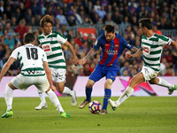 Takashi Inui, Arbilla and Leo Messi during La Liga match between F.C. Barcelona v S.D. Eibar, in Barcelona, on May 21, 2017.  (