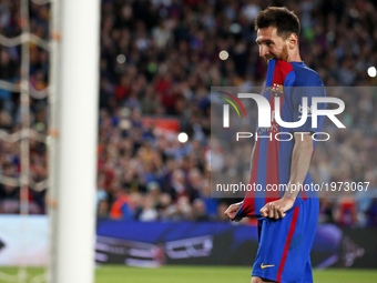 Leo Messi after missing a penalty during La Liga match between F.C. Barcelona v S.D. Eibar, in Barcelona, on May 21, 2017.  (