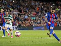 Leo Messi scores a penalty during La Liga match between F.C. Barcelona v S.D. Eibar, in Barcelona, on May 21, 2017.  (