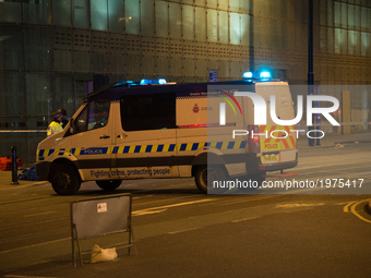 A Police van guards the scene of an explosion after an explosion after the Ariana Grande concert at Manchester Arena in Manchester, United K...