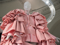 Rei Kawakubo of Comme Des Garçons collaboration with Maison Balenciaga for AW16 at the very first ever UK exhibition of the fashion designer...