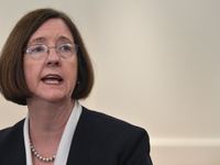 Kathleen O'Toole, the Chair of the Commission on the Future of Policing in Ireland and the Chief of Police in Seattle, speaks to the media d...