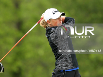Stacy Lewis of the United States tees off on the 11th tee during the first round of the LPGA Volvik Championship at Travis Pointe Country Cl...