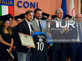 Christian Benetton, Francesco Totti, Giovanni Malagò during celebration for Honoris causa diploma for Totti in the salon of honor of CONI ,...