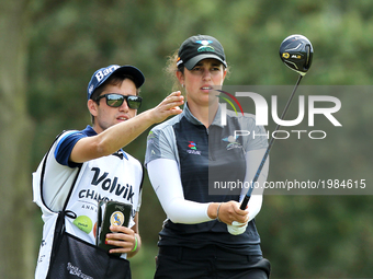 Giulia Molinaro of Italy with caddie on the second hole during the second round of the LPGA Volvik Championship at Travis Pointe Country Clu...