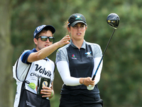 Giulia Molinaro of Italy with caddie on the second hole during the second round of the LPGA Volvik Championship at Travis Pointe Country Clu...