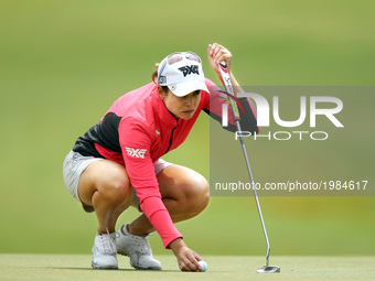 Beatriz Recari of Spain lines up her putt on the second green during the second round of the LPGA Volvik Championship at Travis Pointe Count...