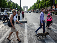 People are crossing champs Elysees Boulevard in Paris, France on May 28, 2017. Much of French people and tourists enjoyed hot and sunny weat...