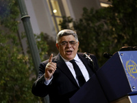 Golden Dawn leader Nikolaos Michaloliakos delivers a sppech at a party rally in central Athens on Monday May 29, 2017  to commemorate the an...