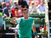 Tomas Berdych (CZE) cheers after winning against Bernard Tomic (AUS) in a match of the round of eight at the Mercedes Cup in Stuttgart, Germ...