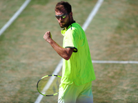 Jerzy Janowicz (POL) cheers during a match against Grigor Dimitrov (BUL) in the round of eight of the Mercedes Cup in Stuttgart, Germany on...