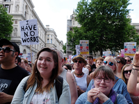 Protesters hold placards against coalition goverment in London, UK, on 17 June 2017. Over a thousand people gather outside downing street to...
