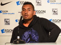 Nick Kyrgios (AUS) is pictured in the press conference after his retirement, for a physical problem at the AEGON Championships, London on Ju...