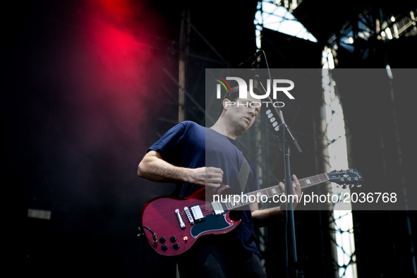 Tom Linton of the american rock band Jimmy Eat World   pictured on stage as they performs at Ippodromo San Siro in Milan, Italy on 21th June...