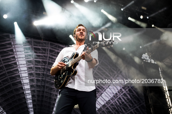Tom Smith of the english rock band Editors pictured on stage as they perform at Ippodromo San Siro in Milan, Italy on 21th June 2017. 