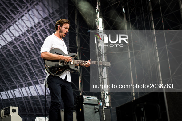Tom Smith of the english rock band Editors pictured on stage as they perform at Ippodromo San Siro in Milan, Italy on 21th June 2017. 