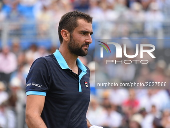 Croatia's Marin Cilic reacts during his men's singles second round match against Stefan Kozlov of the US at the ATP Aegon Championships tenn...
