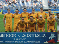 Players of the Australia national football team vie for the ball during the 2017 FIFA Confederations Cup match, first stage - Group B betwee...