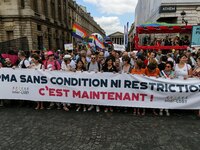 Participants march behind a banner with the inscription : « Medically assisted procreation (PMA) : unconditional victory nor limitation : it...