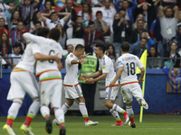 Hirving Lozano (2nd R) celebrates his goal with teammates during the Group A - FIFA Confederations Cup Russia 2017 match between Russia and...