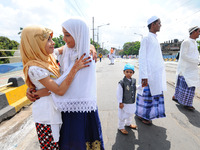 Indian Muslim Children's personnel exchange Eid greetings to one another after offering Eid al-Fitr prayers on June 26,2017  in Kolkata ,Ind...