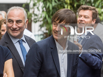 French Minister of Ecological and Inclusive Transition Nicolas Hulot (R)  and the first Deputy mayor of Lyon, Georges Kepenekian (L) during...