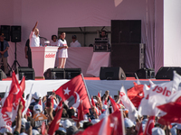 Turkey's main opposition Republican People's Party (CHP) leader Kemal Kilicdaroglu speaks on stage to thousands of supporters during the 'Ju...