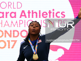 Breanna Clark of USA receive her Gold Medal for Women's 400m T20 Final during World Para Athletics Championships at London Stadium in London...