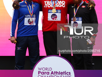 Akeem Stewart of Trindad and Tobago receives his Gold Medal for Men's Javelin Throw F44 during World Para Athletics Championships at London...