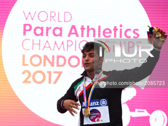 Amanoliah Papi of Irani receive his Gold Medal for Men's Javelin Throw F57 during World Para Athletics Championships at London Stadium in Lo...