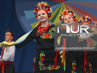 Members of 'Perla' group from Niemenczyn, Lithuania, during their performance on the first day of the 17th edition of World Festival of Poli...