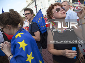 Protesters during protest against government plans of changes to Poland’s judicial system in Warsaw on July 25, 2017.
 (