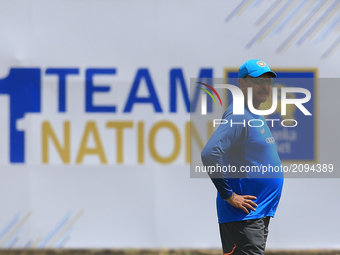 Indian head coach Ravi Shastri looks on during a practice session ahead of the 1st test match between Sri Lanka and India at Galle Internati...