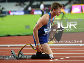 Hunter Woodhall of USA compete Men's 400m T43 Final 
during World Para Athletics Championships Day Three at London Stadium in London on Jul...