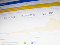 A price charts of Bitcoin on a Coinbase web platform. Bitcoin is a cryptocurrency and a digital payment system invented by an unknown progra...