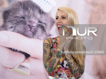 Hannah Shaw, a.k.a Kitten Lady, attends CatCon, a convention for cat lovers in Pasadena, California on August 12, 2017. The two-day event in...