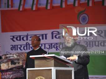 Indian Ambassador to Nepal Manjeev Singh Puri delivers his Independence Day speech at the Embassy premises during celebration of India's 71s...
