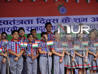Kids from School singing song during India's 71st Independence Day at Kathmandu, Nepal on Tuesday, August 15, 2017. (