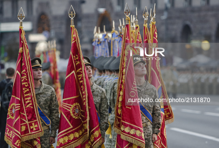 About 4,5 thousands servicemen of different military units take part in military parade rehearsal downtown Kyiv on August 18, 2017. Ukraine...