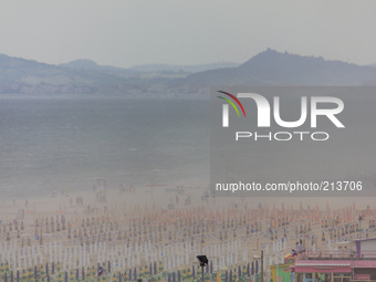 Sandstorm in Miramare, the seaside resort of Rimini and Riccione, forcing people to go away from the beach, on August 16, 2014. (