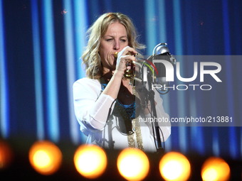 Gdansk, Poland 16th, August 2014  Solidarity of Arts Festiva in Gdansk. Canadian jazz trumpet player Ingrid Jensen performs live during the...