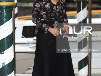 Donatella Finocchiaro arrive at the Hotel Excelsior in Venice, Italy, on September 1, 2017. (