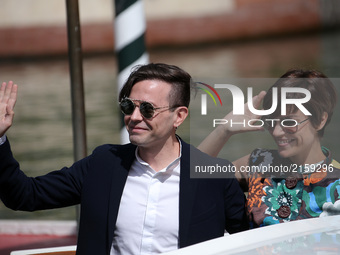   Sebastiano Riso and Micaela Ramazzotti arrive at the Hotel Excelsior  in Venice, Italy, on September 3, 2017. (
