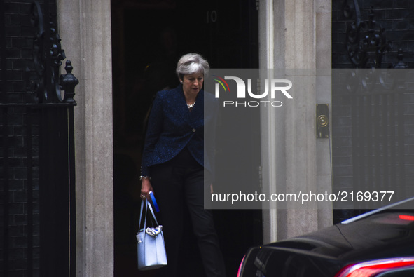 Britain's Prime Minister, Theresa May, leaves Downing Street heading to the Parliament begin debate to key Brexit Bill, London on September...