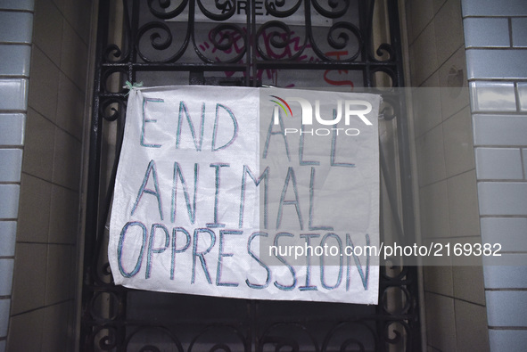 A banner against animal oppression is pictured at Westminster, Londo on September 7, 2017. 