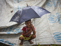 A Rohingya ethnic minority girl waiting at a temporary makeshift camp after crossing over from Myanmar into the Bangladesh side of the borde...