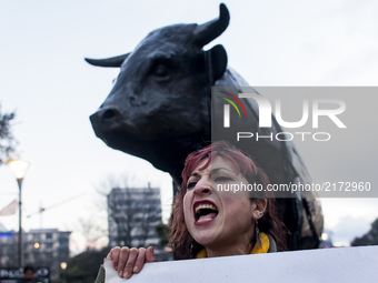 Woman demonstrator shouts during the march. Groups of animalists demonstrated against the practice of the chilean rodeo that increases in th...