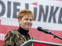 Vice President of Bundestag Petra Pau (Die Linke) speaks at a pre-election party event at Herrmannplatz in Neukoelln in Berlin, Germany on S...