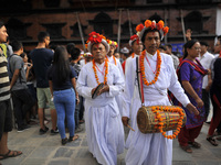 Priests playing traditional instruments on the last day of Indra Jatra Festival celebrated in Basantapur Durbar Square, Kathmandu, Nepal on...